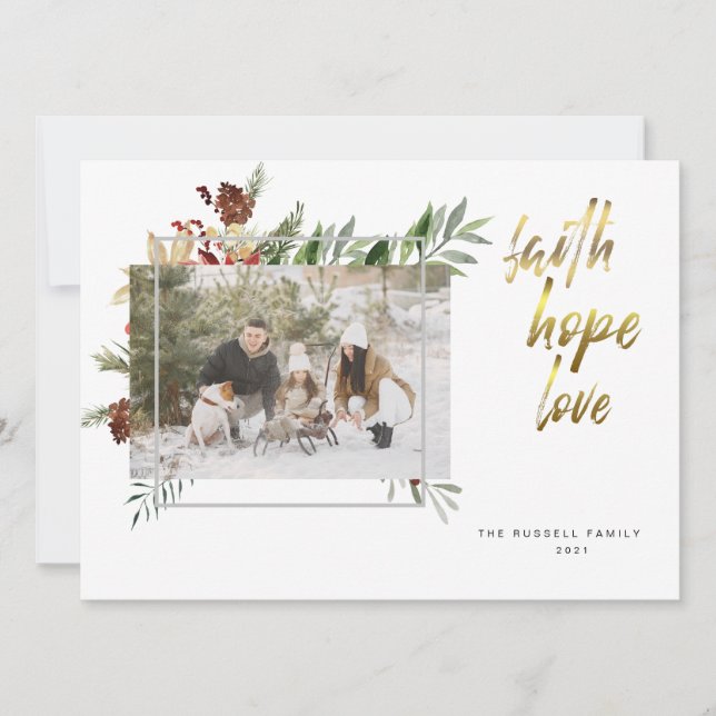 Elegant guld kalligrafi tre foto jul julkort (Framsida)