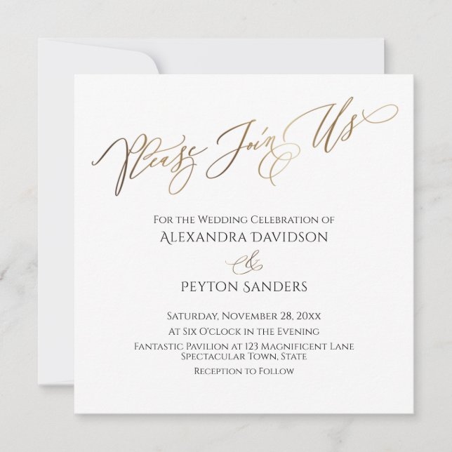 Elegant guld kalligrafi "Vänligen gå med oss" Bröl Inbjudningar (Framsida)