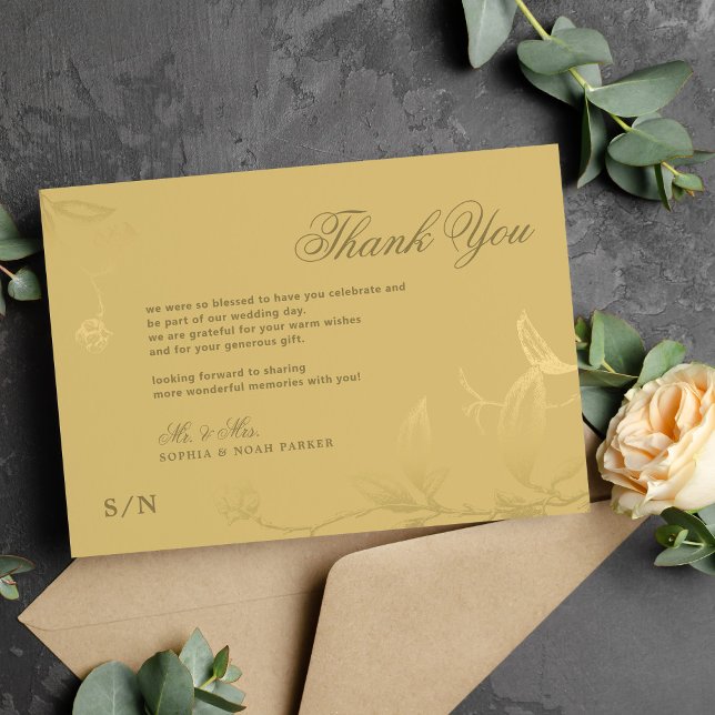 Elegant guld kalligraphy blommigt lyxury bröllop tack kort (Skapare uppladdad)
