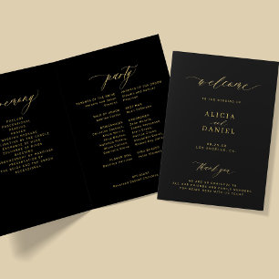 Elegant guld kalligraphy-bröllopsfest svart program
