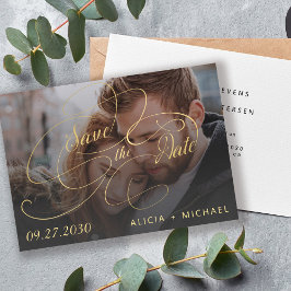 Elegant guld kalligraphy-skriptfoto bröllop spara datumet