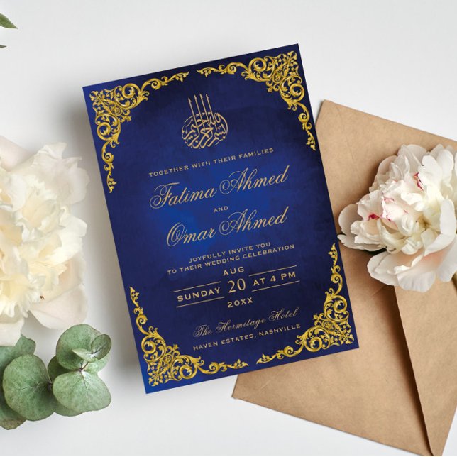 Elegant guld kant blå islamisk muslimsk bröllop inbjudningar (Skapare uppladdad)