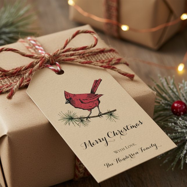 Elegant Guld kardinal Bird-jul Presentetikett (Modern Single Red Cardinal Bird with Editable Merry Christmas and Family Name. Gold Xmas Gift Tags)
