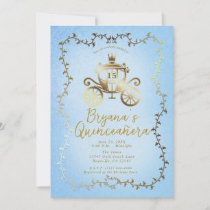 Elegant Guld Kärra Blå Saga Quinceañera Inbjudningar
