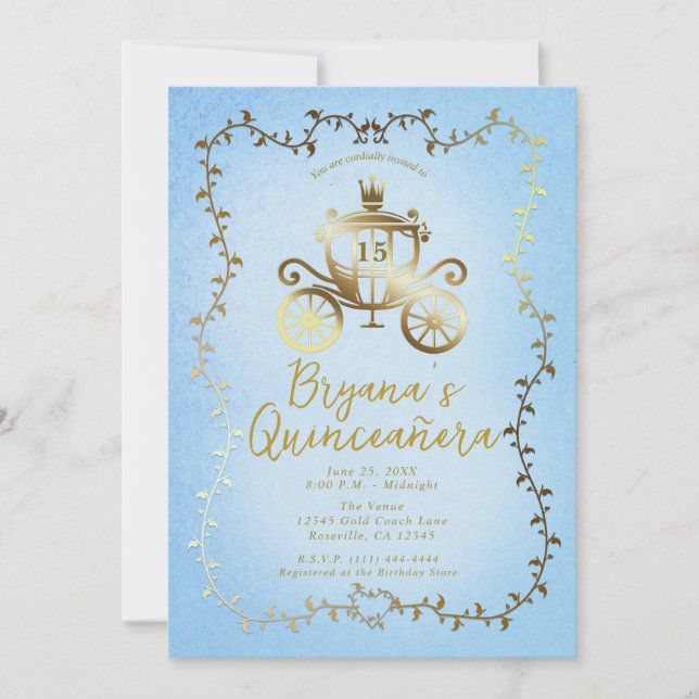 Elegant Guld Kärra Blå Saga Quinceañera Inbjudningar (Framsida)
