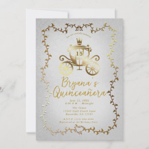 Elegant Guld Kärra Blå Saga Quinceañera Inbjudningar