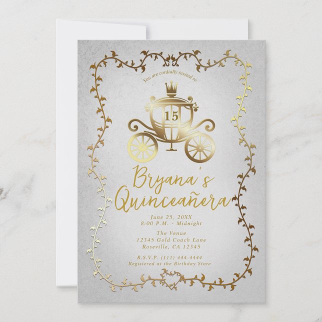 Elegant Guld Kärra Blå Saga Quinceañera Inbjudningar (Framsida)