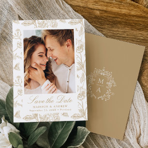 Elegant guld kinesisk blomsterfotografi bröllop spara datumet