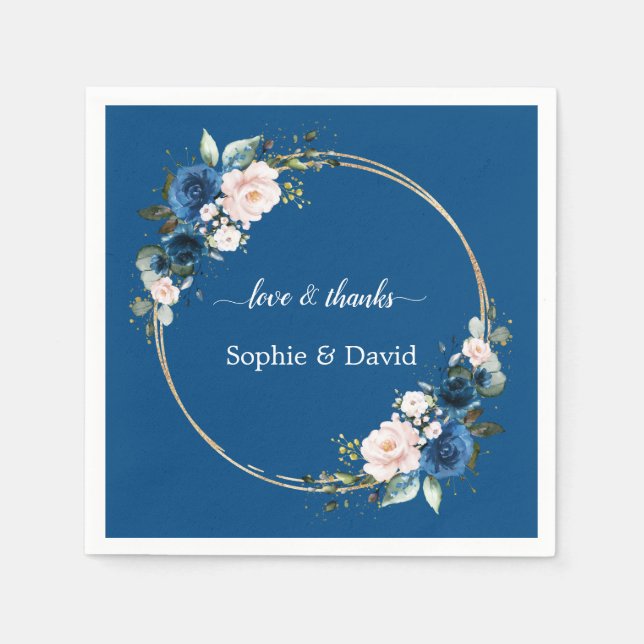 Elegant Guld, klass Blå Rosa Flowers Bloom Bröllop Pappersservett (Framsidan)