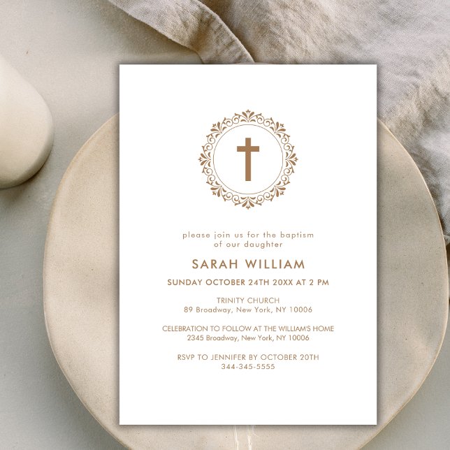 Elegant Guld Klassisk Kor utandningsutandning Bapt Inbjudningar (Elegant Gold Classic Cross Wreath Baptism Invitation)