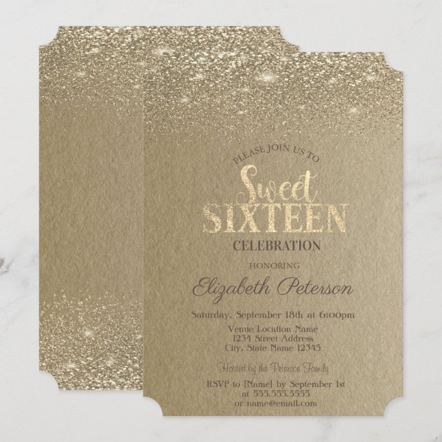 Elegant Guld Konfetti Diamanter Kraft Sweet 16 Inbjudningar (Fram/baksida)