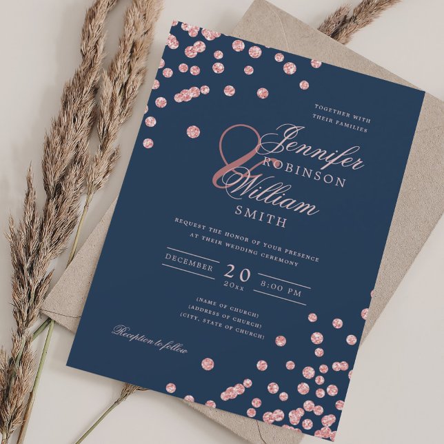Elegant Guld Konfetti QR Bröllop Inbjudningar (Elegant Rose Gold Confetti QR Wedding Navy Blue Invitation)