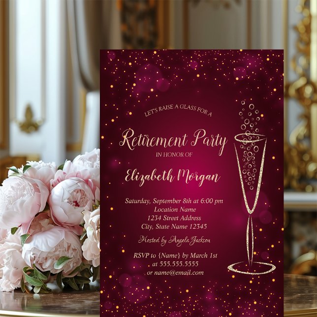 Elegant Guld Konfetti Vinglas Röd Pensionering Inbjudningar (Skapare uppladdad)