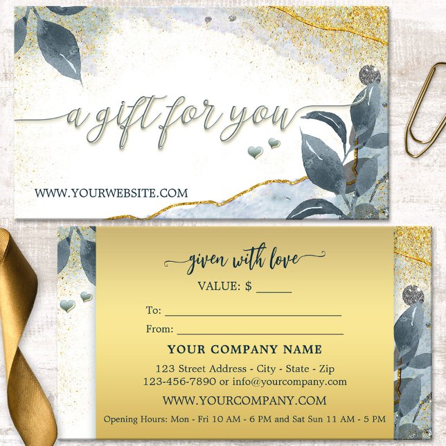 Elegant guld konstnärliga blad presentkort visitkort (Business card size gift certificate featuring an artistic design with leaves on gold sparkles)