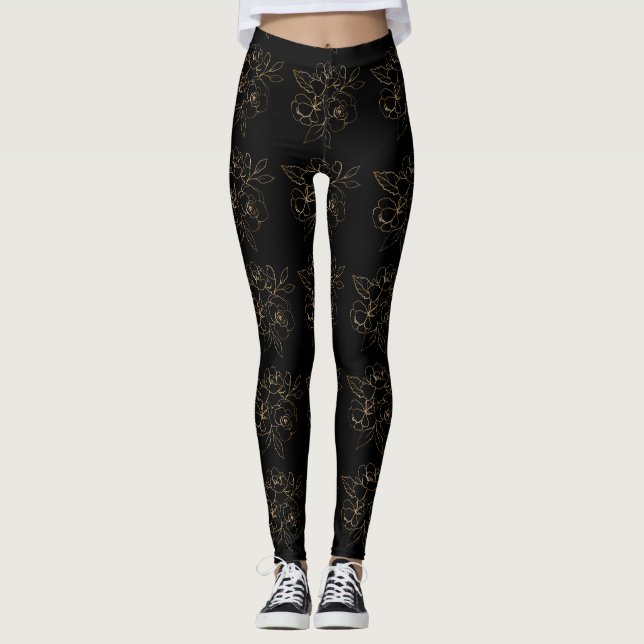 Elegant Guld, konturerade blommor, svart Mönster Leggings (Framsida)