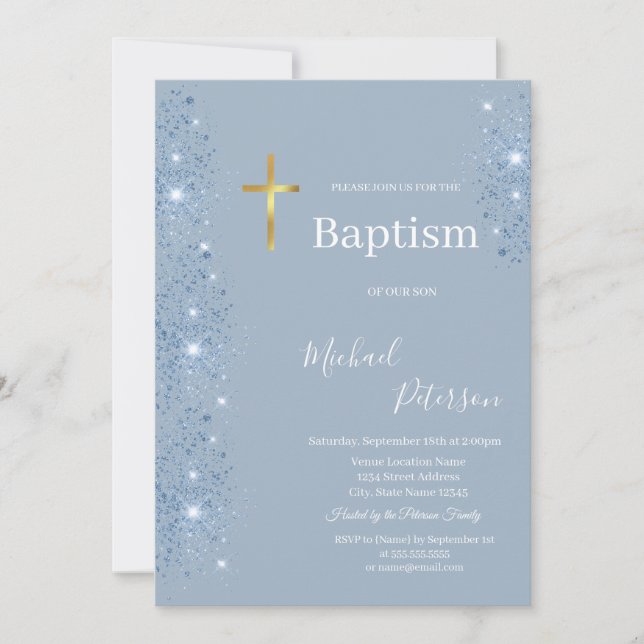 Elegant Guld Kor Baptism Dusty Blue Glitter Inbjudningar (Framsida)