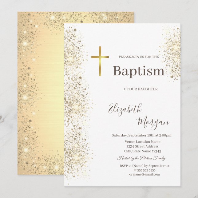 Elegant Guld Kor Baptism Guld Glitter Konfetti Inbjudningar (Fram/baksida)