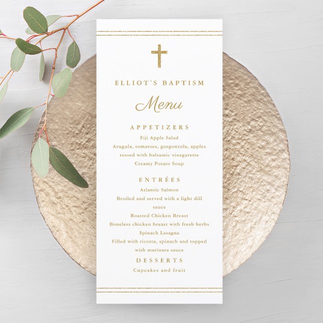Elegant Guld Kor Baptism Menu Program (Elegant gold cross gender neutral baptism menu.)