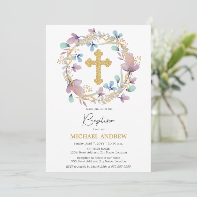 Elegant Guld Kor-Blommigten Baptism Inbjudningar (Stående Fram)