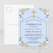 Elegant Guld Kor Blue Blommigt Confirmation Invita