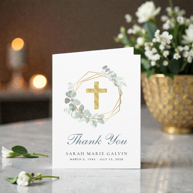 Elegant Guld Kor Eucalyptus Funeral Tack Kort (Elegant Gold Cross Eucalyptus Funeral Thank You Card)
