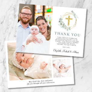 Elegant Guld Kor Greenery Photo Collage Baptism Tack Kort