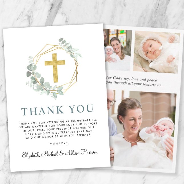 Elegant Guld Kor Greenery Wandeine Foto Baptism Tack Kort (Skapare uppladdad)