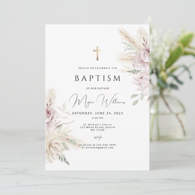 Elegant Guld Kor och rosa blommor boho Baptism Inbjudningar (Stående Fram)