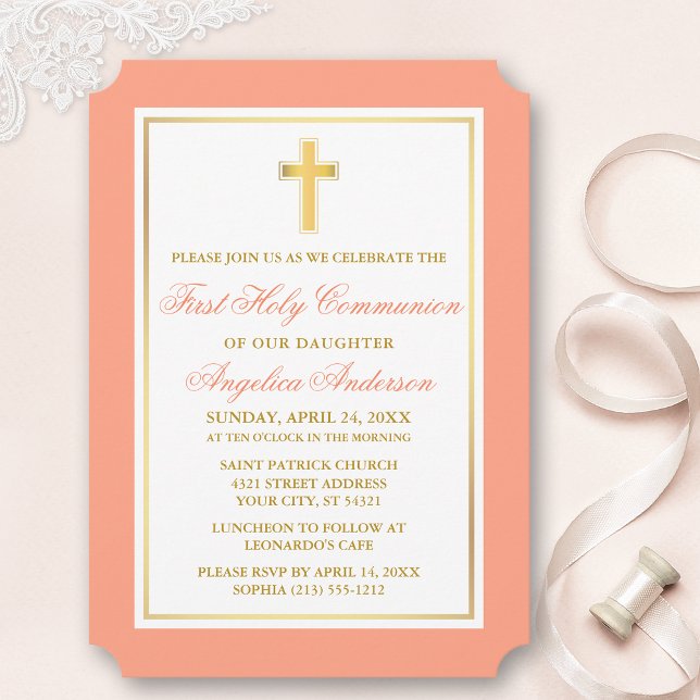 Elegant Guld Kor Peach First Communision Inbjudningar (Customize to change text size, style, color or to add more text or photos to back of card.)