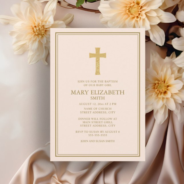 Elegant Guld Kor Rosa Flicka Baptism Inbjudningar (Elegant cream-colored baptism invitation)