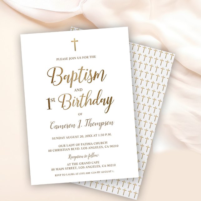 Elegant Guld Kor Simple Baptism och 1:a födelsedag Inbjudningar (Elegant, simple baptism and first birthday - white with gold cross invitation. )