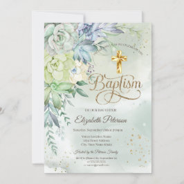 Elegant Guld Kor Succulals Grönt Baptism Inbjudningar