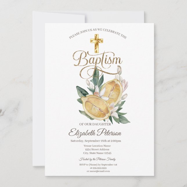 Elegant Guld Kors Akvarell Citroner Botanisk Inbjudningar (Framsida)
