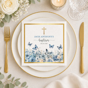 Elegant guld kors blå blommig doppresent pappersservett