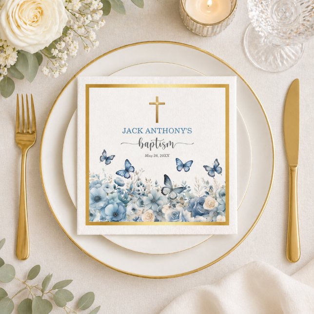 Elegant guld kors blå blommig doppresent pappersservett (Skapare uppladdad)