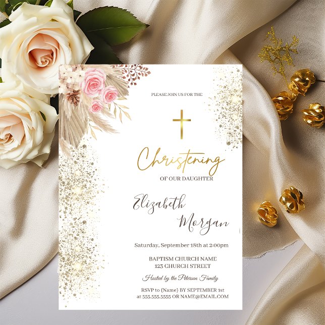Elegant guld kors dop guld glitter boho blommor inbjudningar (Skapare uppladdad)