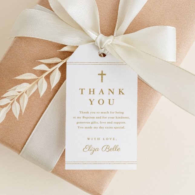Elegant guld kors dop tack favor presentetikett (Elegant gold glitter baptism thank you favor tag with simple typography and script name.)