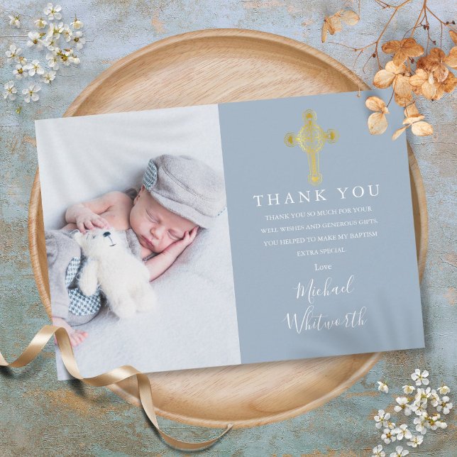 Elegant guld kors foto signatur skript dop tack kort (Elegant Gold Cross Photo Signature Script Baptism Thank You Card)
