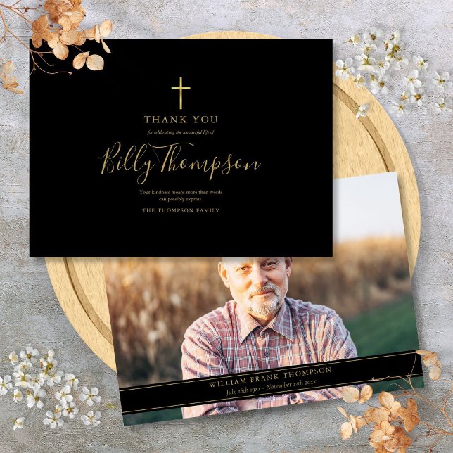Elegant Guld Kors Minnes Sorg Blomster Foto Tack Kort (Elegant Gold Cross Memorial Funeral Simple Photo Thank You Card)
