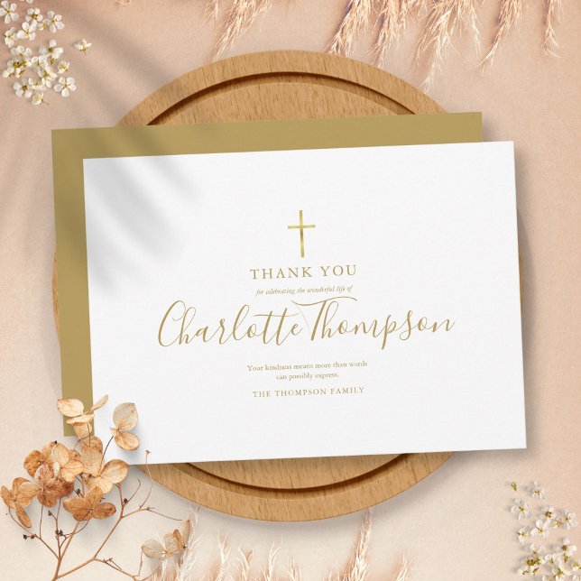 Elegant guld kors minnesbegravning enkel tack kort (Elegant Gold Cross Memorial Funeral Simple Thank You Card)