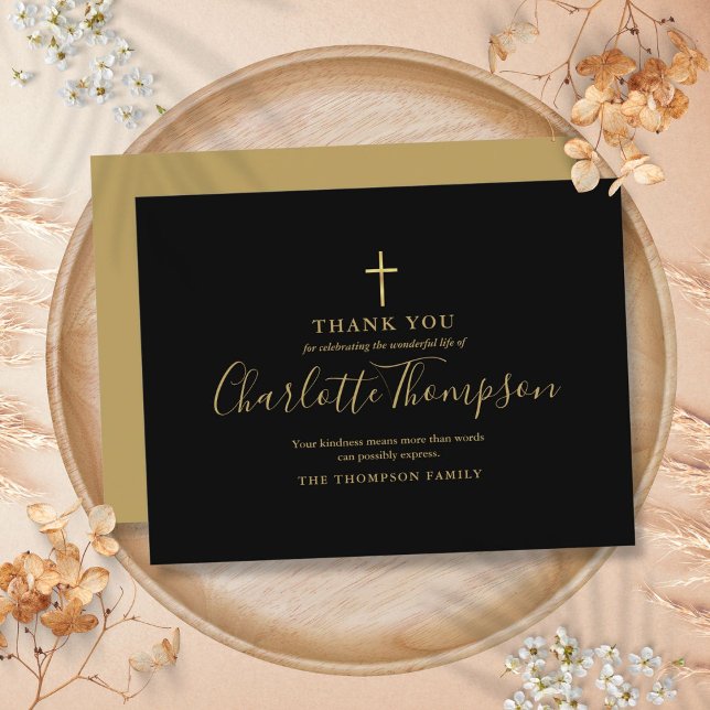 Elegant guld kors minnesbegravning tackkort helg vykort (Elegant Gold Cross Memorial Funeral Thank You Card)