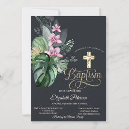 Elegant guld kors tropiska blommor mörkt dop inbjudningar