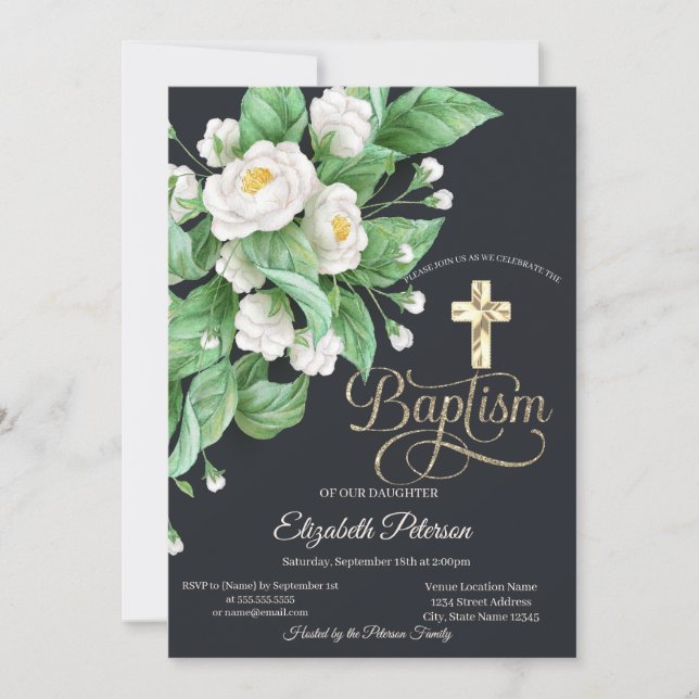 Elegant guld kors vita blommor dop inbjudningar (Framsida)