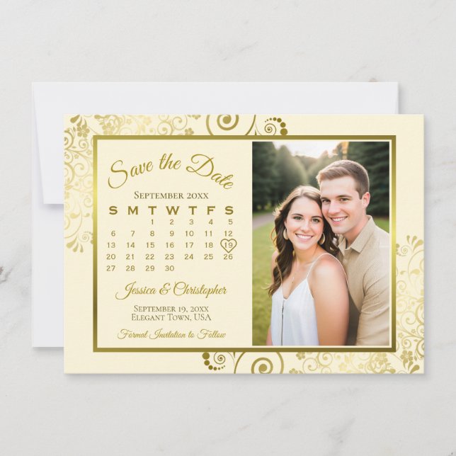 Elegant Guld & Kräm Kalender & Foto Bröllop Spara Datumet (Framsida)