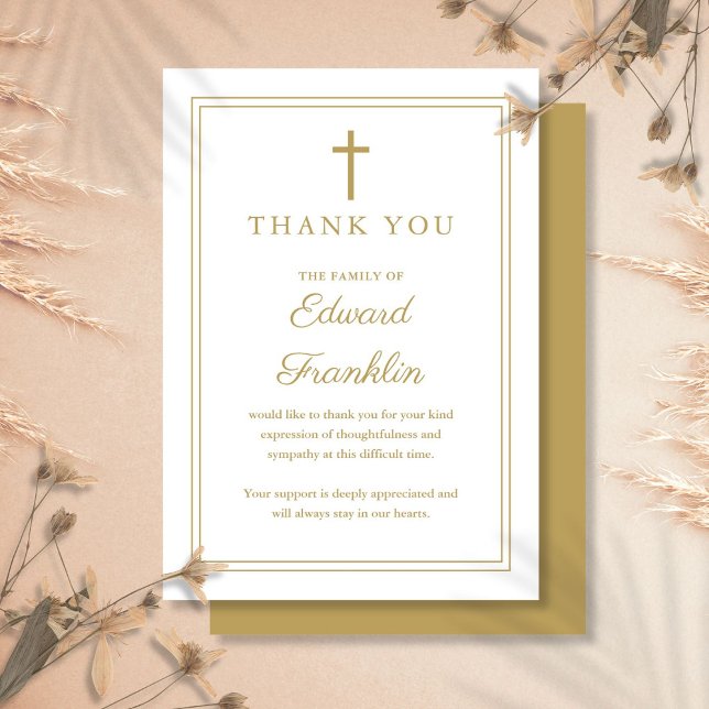 Elegant guld kristen firande av livets slutskede tack kort (Elegant Gold Christian Celebration Of Life Funeral Thank You Card)