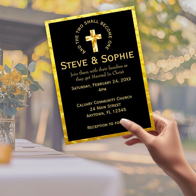 Elegant guld kristen kors svart bröllop inbjudningar (Elegant Gold Christian Cross Black Wedding Invitation)