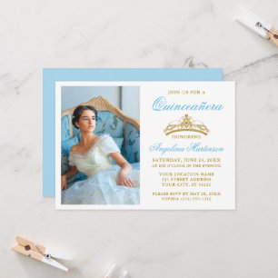 Elegant guld krona foto ljusblå Quinceanera Inbjudningar