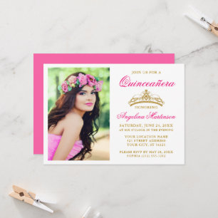 Elegant guld krona foto varmt rosa Quinceanera Inbjudningar