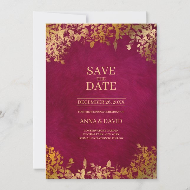Elegant Guld Lämnar Burgundy Save Date Bröllop Inbjudningar (Framsida)