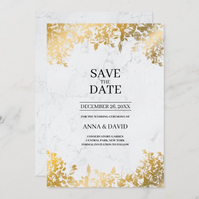 Elegant Guld Lämnar Marble Save Date Bröllop Inbjudningar (Fram/baksida)